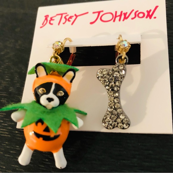 Authentic Betsey Johnson Earrings - Dog In Pumpkin Costume & Rhinestone Bone NWT - Picture 9 of 12